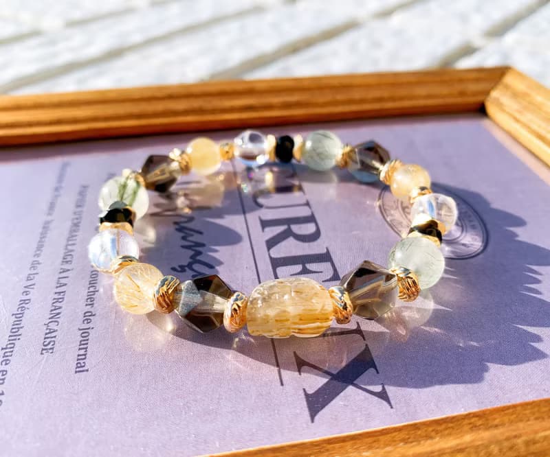 鈦晶/阿賽斯特萊/綠髮晶/茶水晶/黑瑪瑙 手作設計款能量水晶手鍊