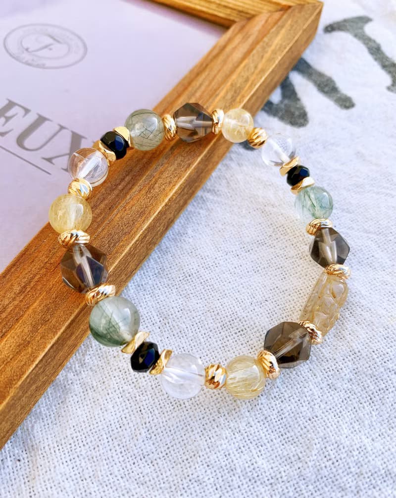 鈦晶/阿賽斯特萊/綠髮晶/茶水晶/黑瑪瑙 手作設計款能量水晶手鍊