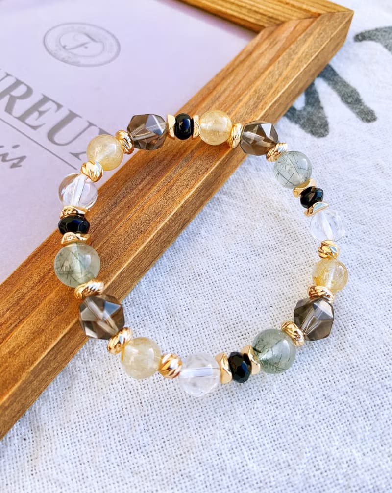 鈦晶/阿賽斯特萊/綠髮晶/茶水晶/黑瑪瑙 手作設計款能量水晶手鍊