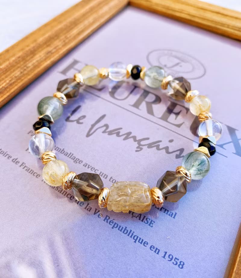鈦晶/阿賽斯特萊/綠髮晶/茶水晶/黑瑪瑙 手作設計款能量水晶手鍊