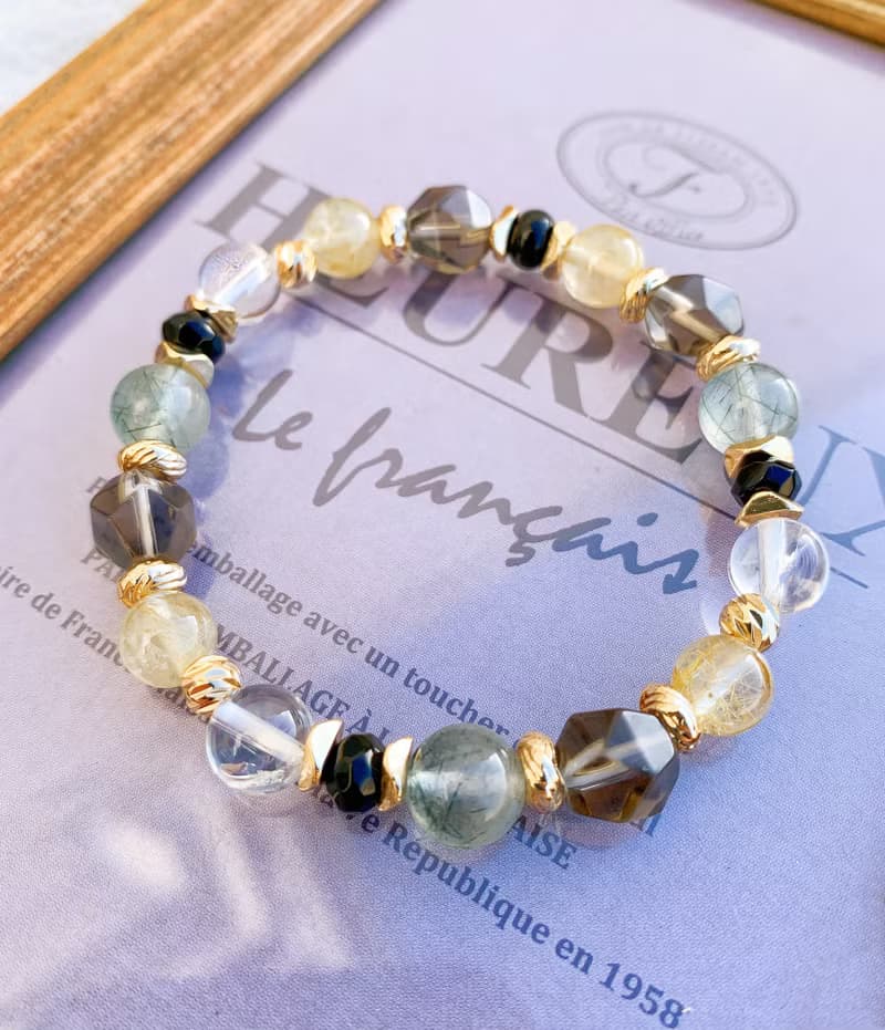 鈦晶/阿賽斯特萊/綠髮晶/茶水晶/黑瑪瑙 手作設計款能量水晶手鍊