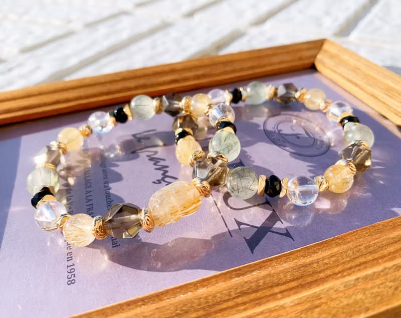 鈦晶/阿賽斯特萊/綠髮晶/茶水晶/黑瑪瑙 手作設計款能量水晶手鍊