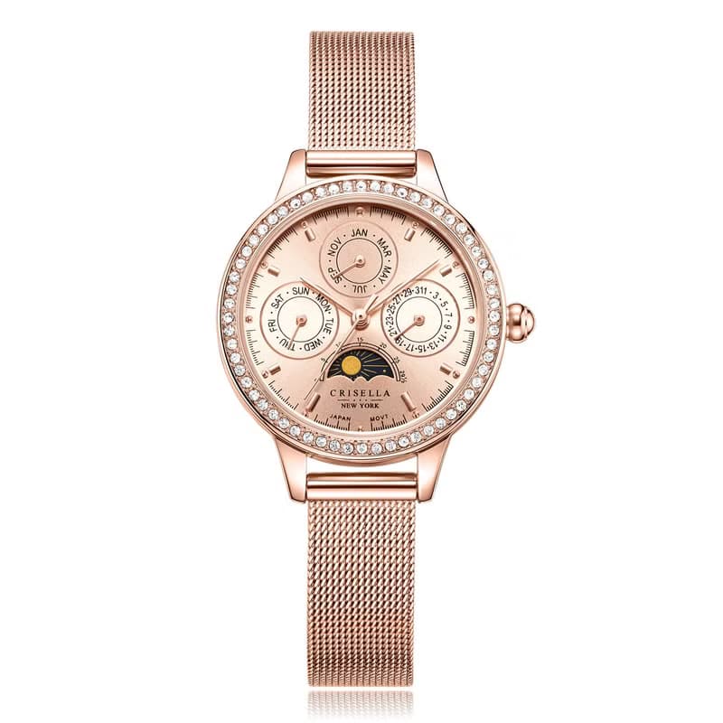 日月星辰多功能鋯石鋼織帶石英女士手錶