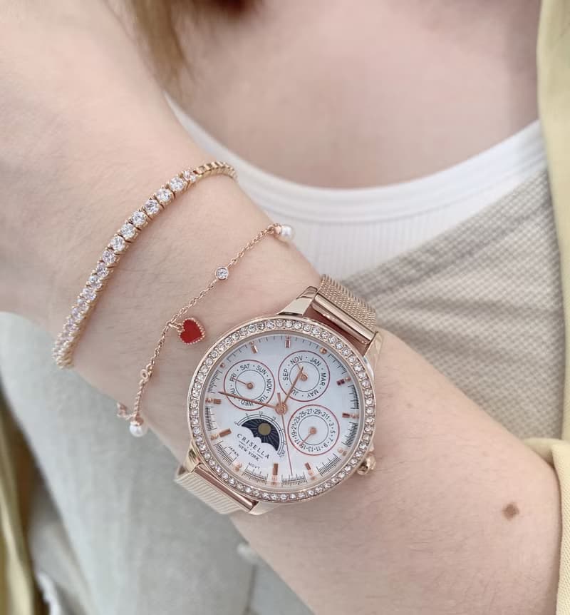 日月星辰多功能鋯石鋼織帶石英女士手錶
