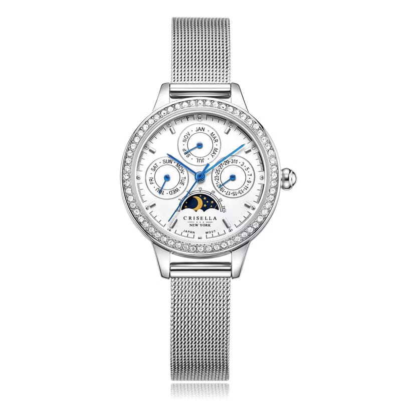 日月星辰多功能鋯石鋼織帶石英女士手錶