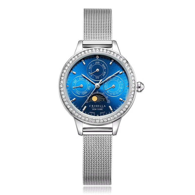 日月星辰多功能鋯石鋼織帶石英女士手錶