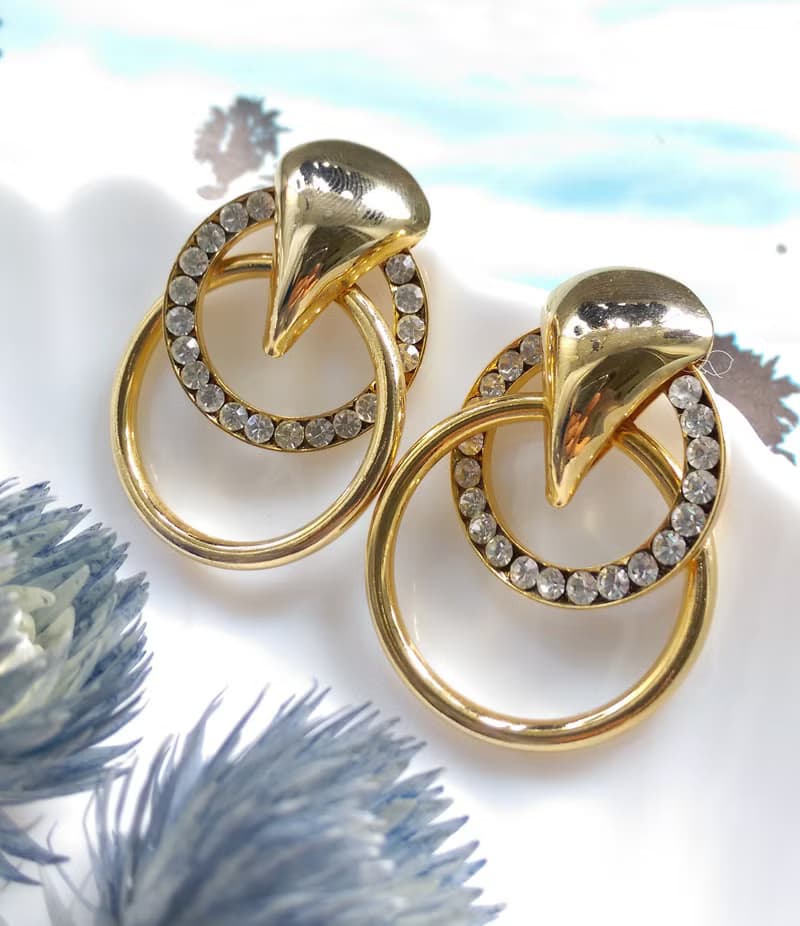 Vintage Jewelry 西洋古董飾品 立體 雙圈 優雅鑽 針式耳環