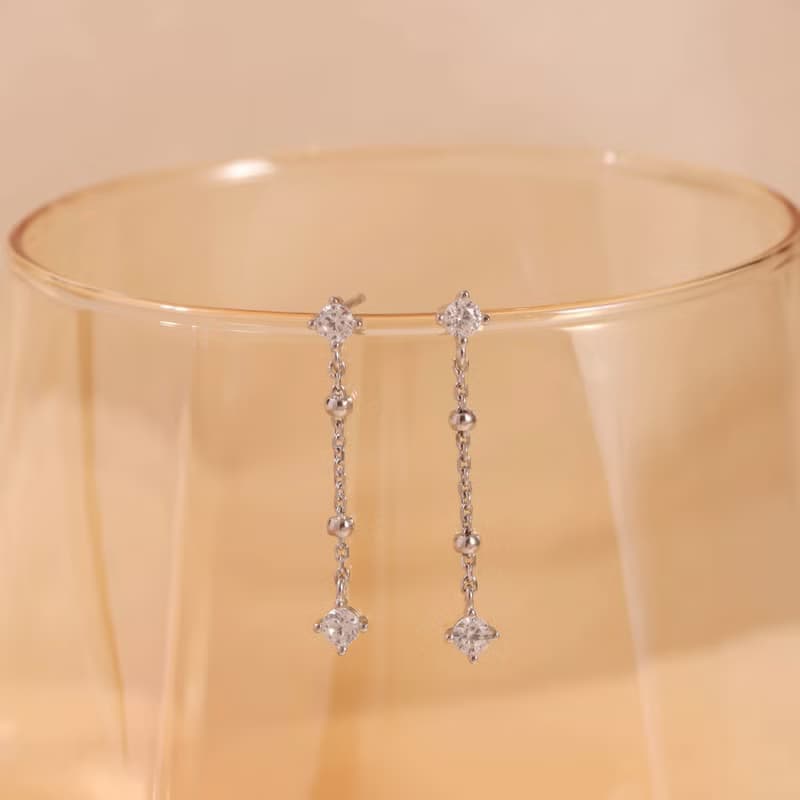 s925銀鋯石流蘇長款耳釘耳墜 經典優雅女生通勤耳飾 睡覺免摘