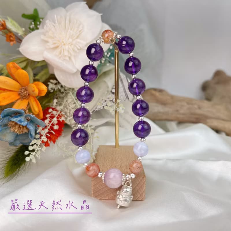 招財貓/貴人相助-招財貓藍紋瑪瑙金太陽紫水晶手鍊