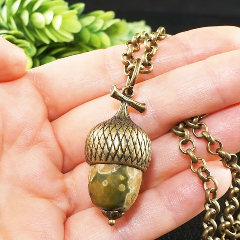 Olive Green Beige Jasper Acorn Forest Nature Woodland Pendant Necklace Jewelry