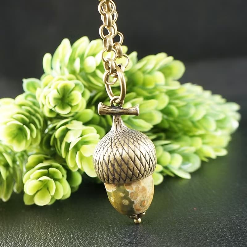Olive Green Beige Jasper Acorn Forest Nature Woodland Pendant Necklace Jewelry