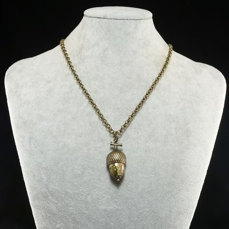 Olive Green Beige Jasper Acorn Forest Nature Woodland Pendant Necklace Jewelry