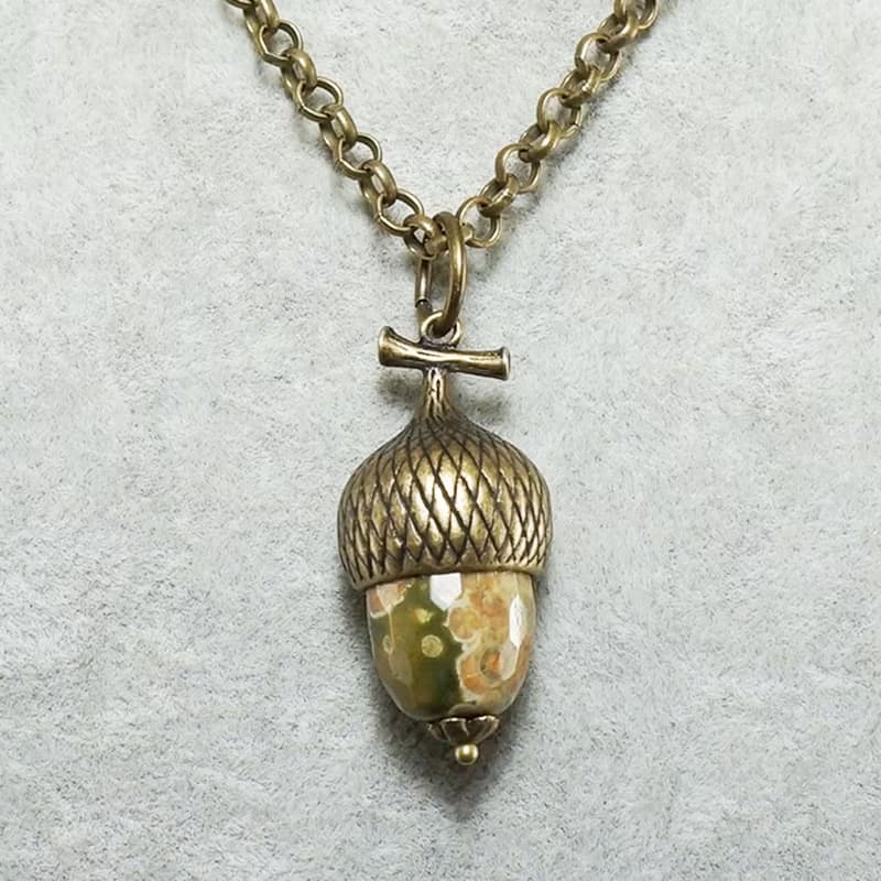 Olive Green Beige Jasper Acorn Forest Nature Woodland Pendant Necklace Jewelry