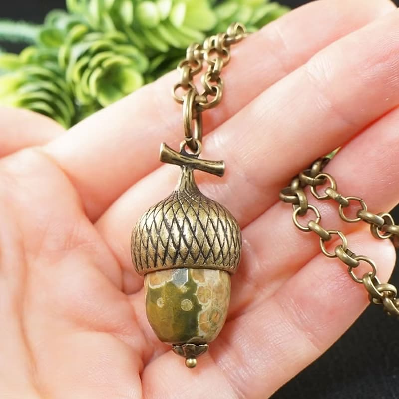 Olive Green Beige Jasper Acorn Forest Nature Woodland Pendant Necklace Jewelry