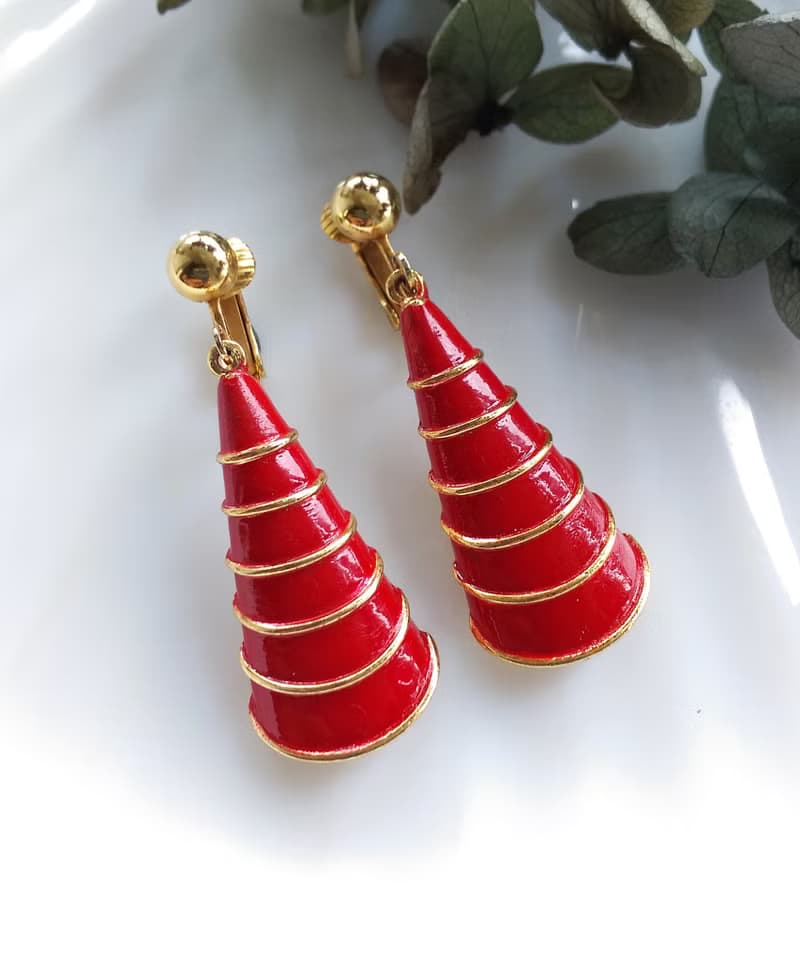 Vintage Jewelry 西洋古董飾品 垂墜 紅琺瑯 長帽款 夾式耳環