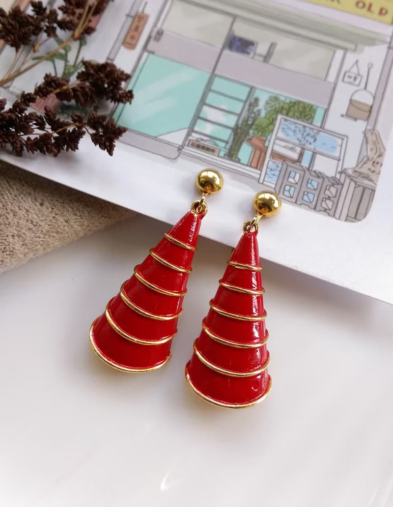 Vintage Jewelry 西洋古董飾品 垂墜 紅琺瑯 長帽款 夾式耳環