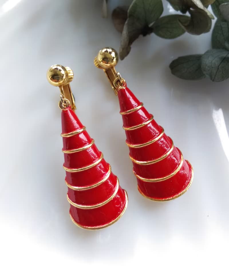 Vintage Jewelry 西洋古董飾品 垂墜 紅琺瑯 長帽款 夾式耳環