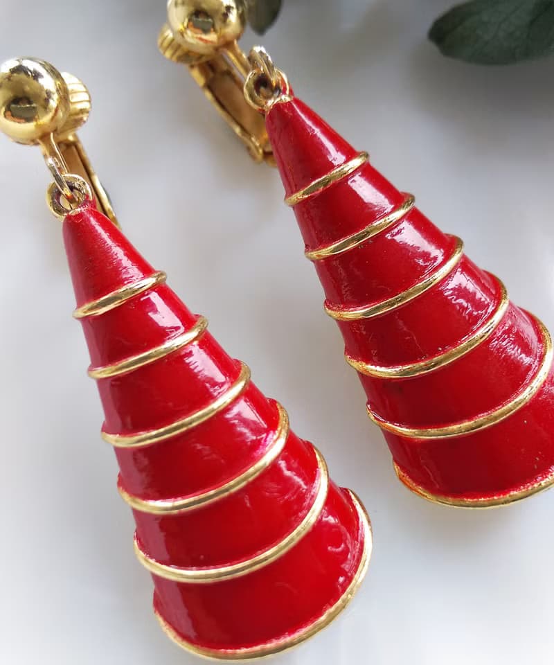 Vintage Jewelry 西洋古董飾品 垂墜 紅琺瑯 長帽款 夾式耳環