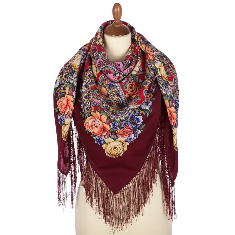 Pavlovo Posad Russian Shawl 100% Wool Scarf 125x125 cm Wrap Silk Fringe 1869-6