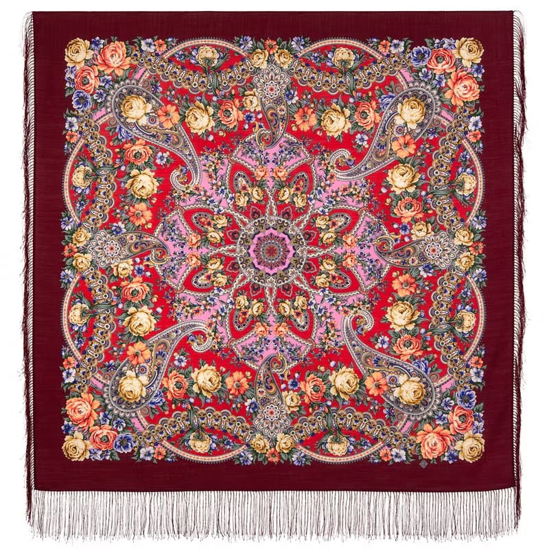Pavlovo Posad Russian Shawl 100% Wool Scarf 125x125 cm Wrap Silk Fringe 1869-6
