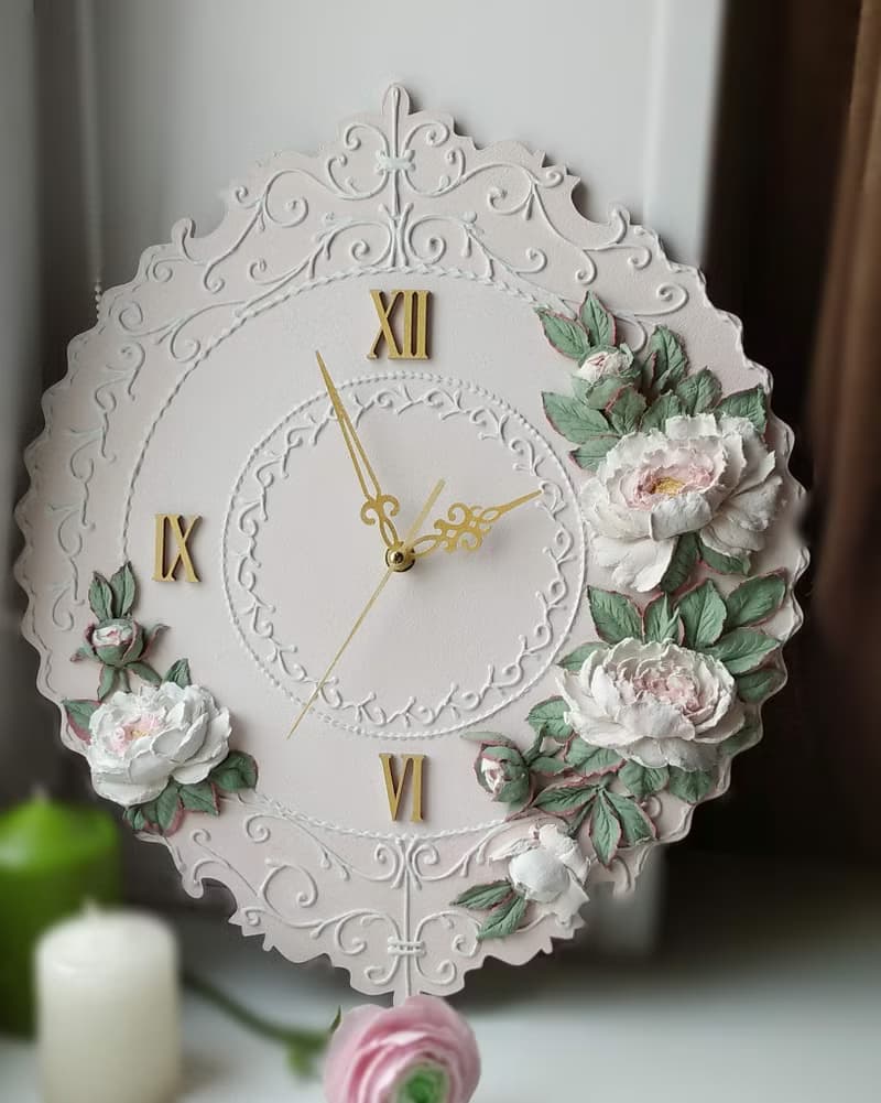 掛鐘 Pink wall clock with voluminous white peonies Silent wall clock Birthday GIFT