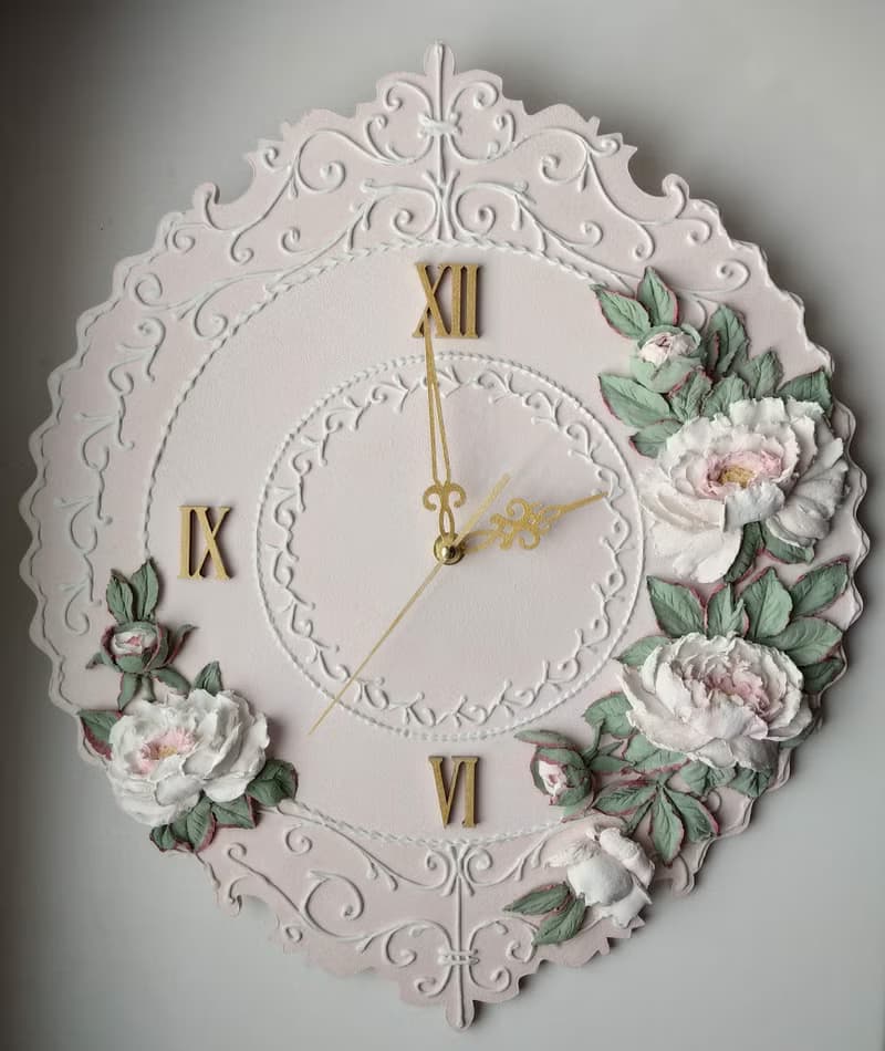 掛鐘 Pink wall clock with voluminous white peonies Silent wall clock Birthday GIFT
