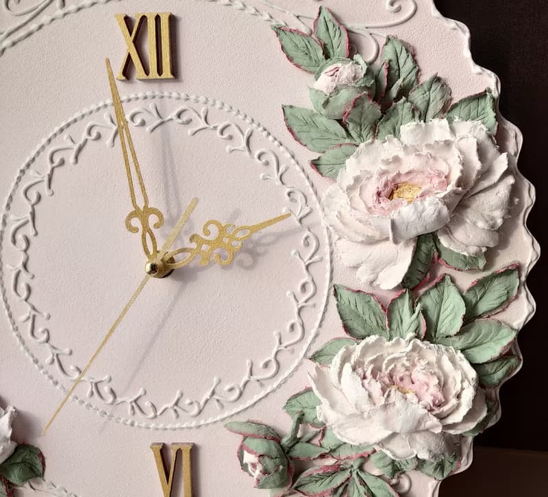 掛鐘 Pink wall clock with voluminous white peonies Silent wall clock Birthday GIFT