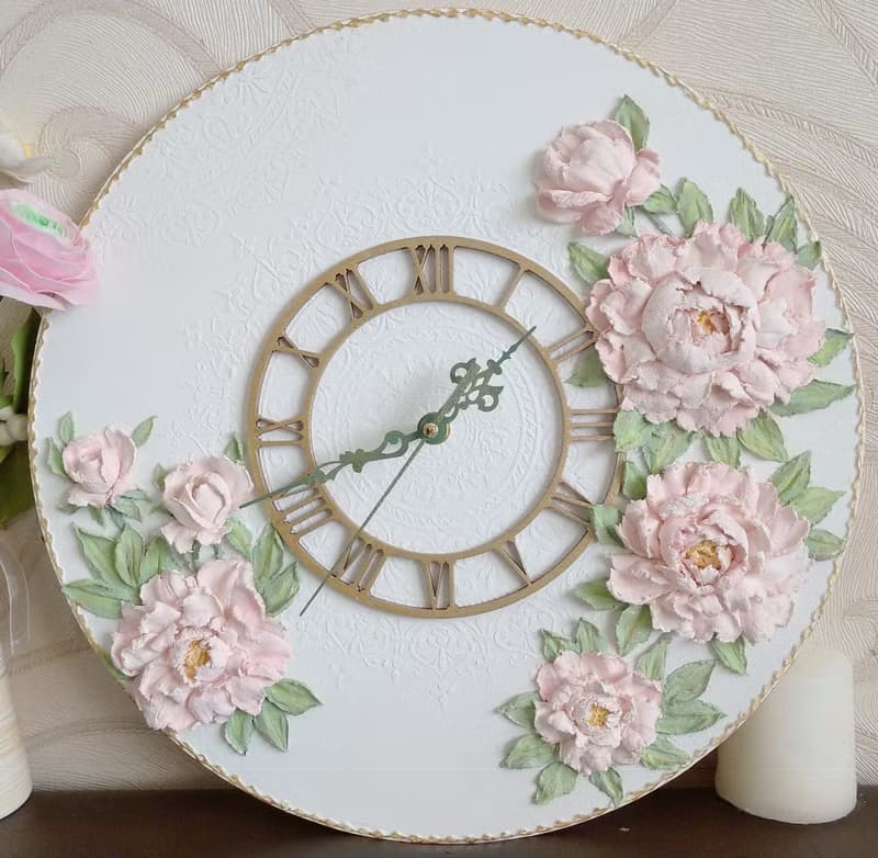 掛鐘 Pink wall clock with voluminous white peonies Silent wall clock Birthday GIFT