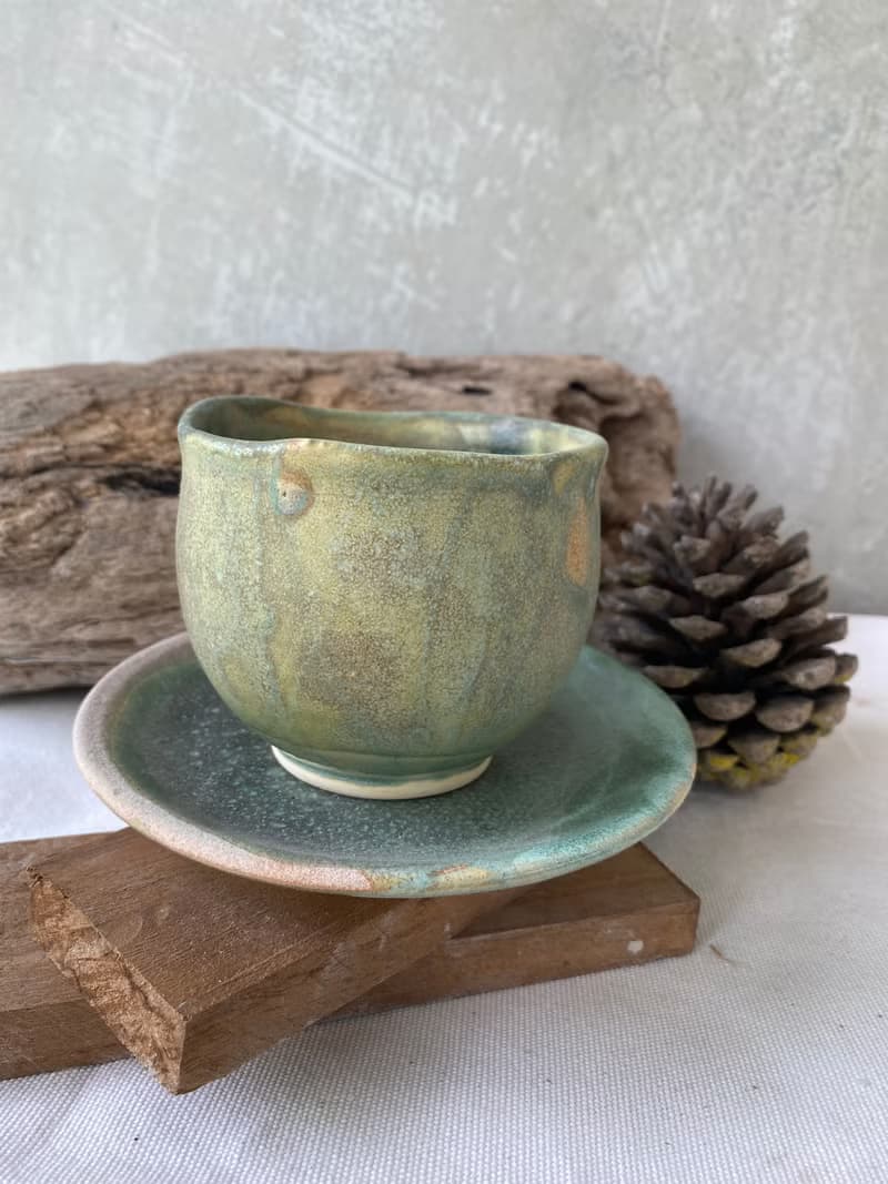 200 ml Medium Size Tea Cup with Saucer Smooth Earthy Green Color