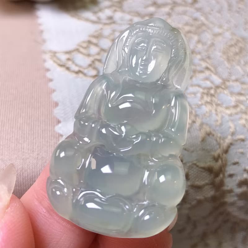 放光起膠冰種翡翠觀音菩薩 | 天然緬甸玉A貨翡翠 | 送禮