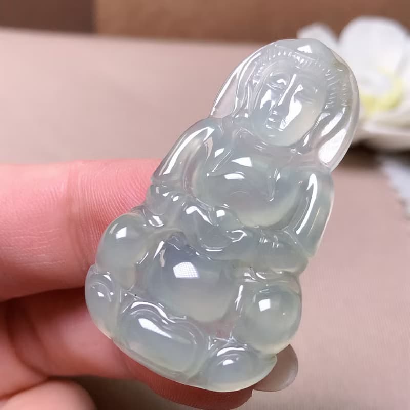 放光起膠冰種翡翠觀音菩薩 | 天然緬甸玉A貨翡翠 | 送禮