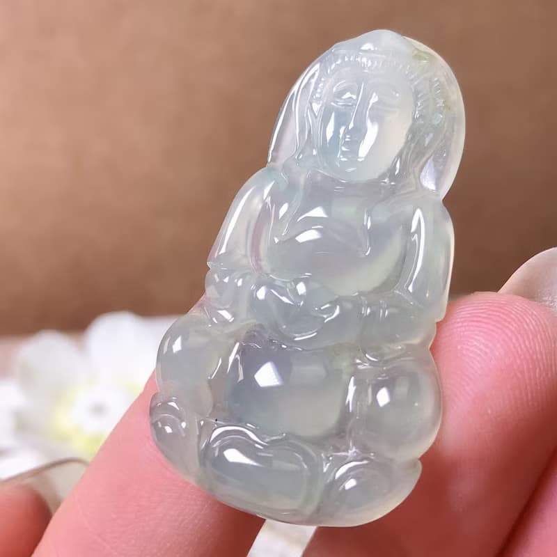 放光起膠冰種翡翠觀音菩薩 | 天然緬甸玉A貨翡翠 | 送禮