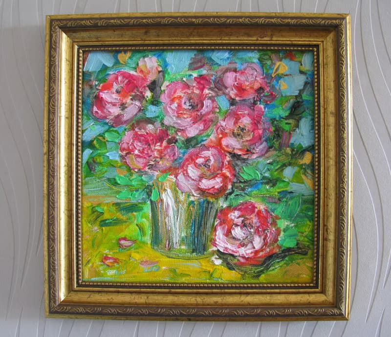 Pink Roses Bouquet Impasto Oil Painting Small Size Canvas