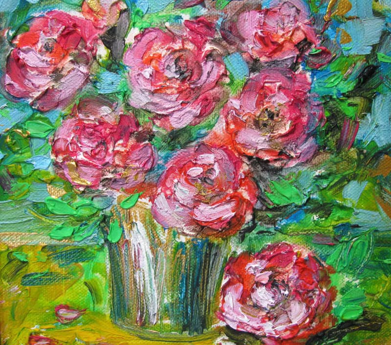 Pink Roses Bouquet Impasto Oil Painting Small Size Canvas