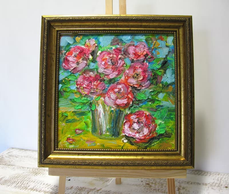 Pink Roses Bouquet Impasto Oil Painting Small Size Canvas