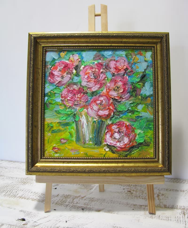 Pink Roses Bouquet Impasto Oil Painting Small Size Canvas