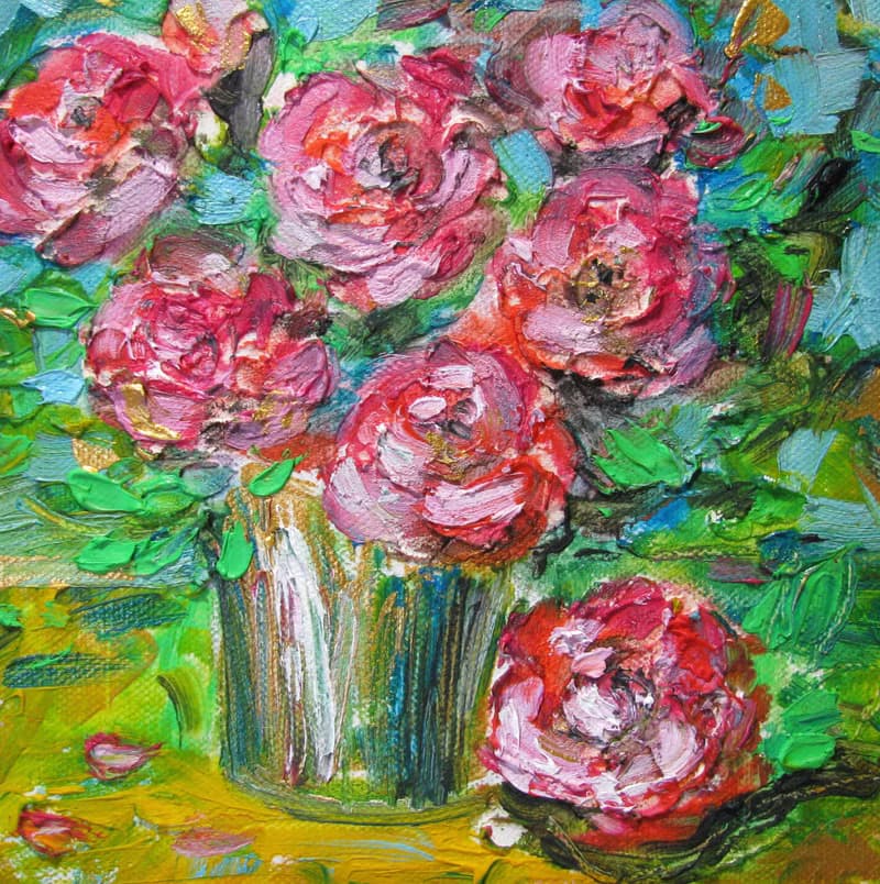 Pink Roses Bouquet Impasto Oil Painting Small Size Canvas