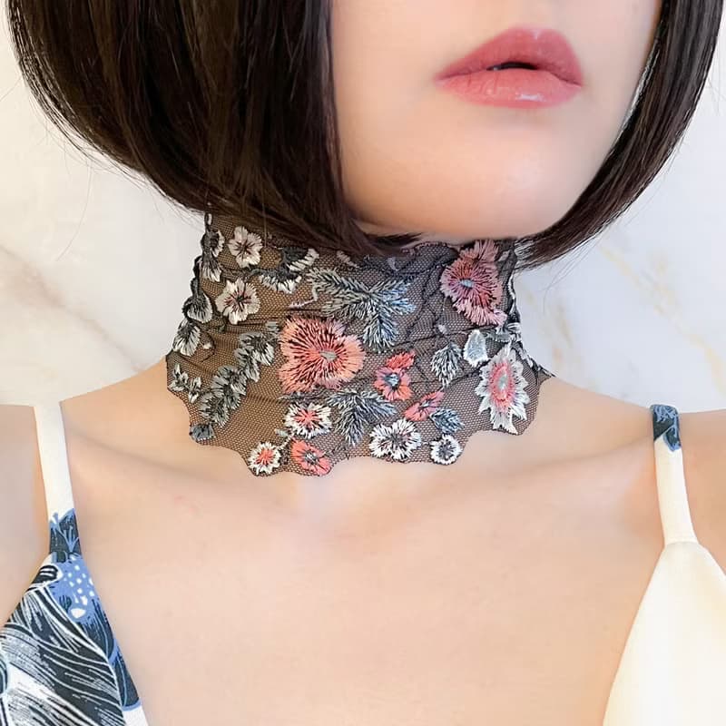 ブラック/ 秘密の花園 /オーガンジーのフラワー刺繍のチョーカー　 SV460BK