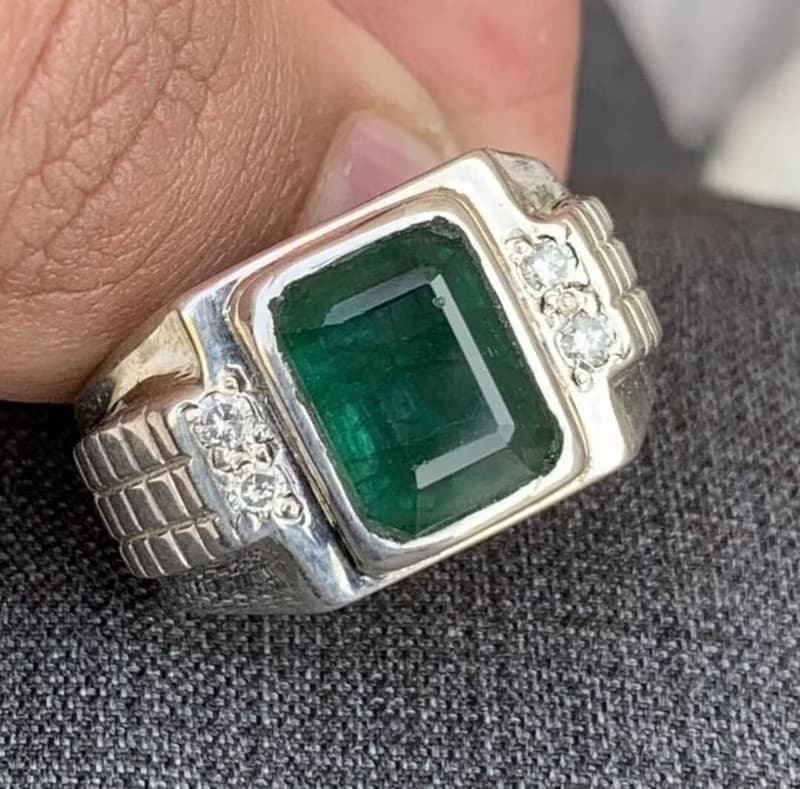Natural Deep Green Mens Emerald Ring Sterling Silver 925 Handmade Emerald Ring
