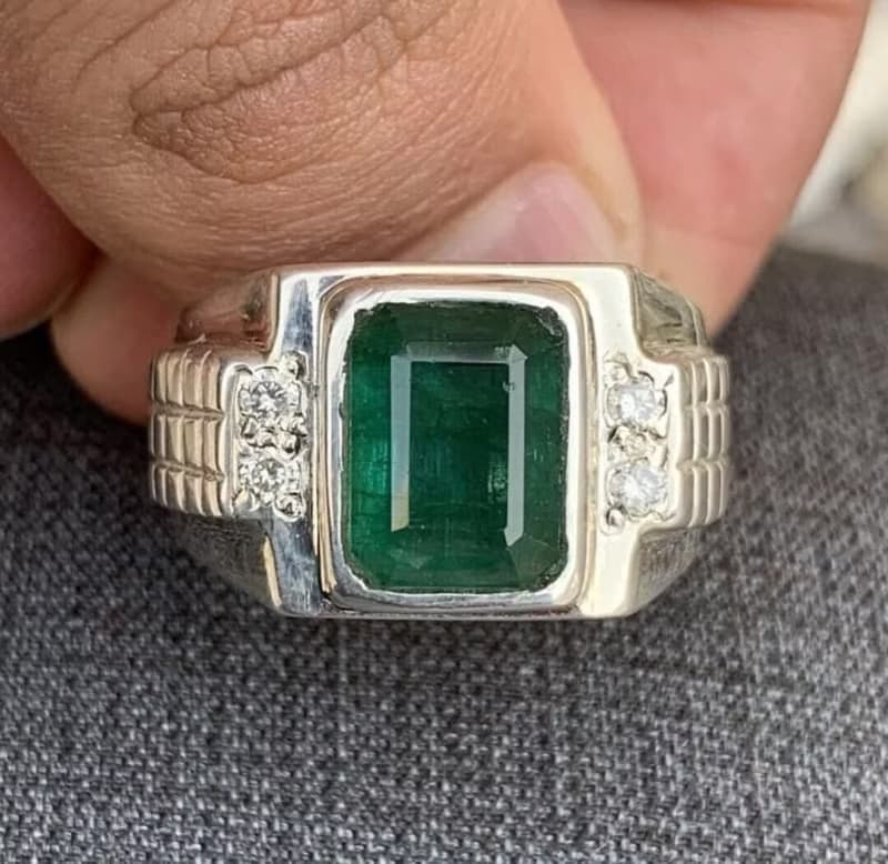 Natural Deep Green Mens Emerald Ring Sterling Silver 925 Handmade Emerald Ring