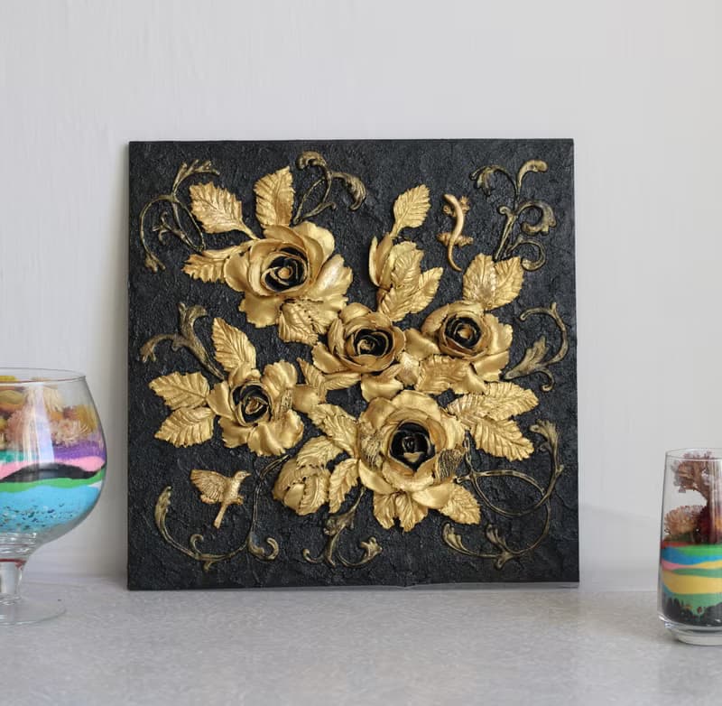 Roses on black original textured painting, rustic wall decor, sculptural art