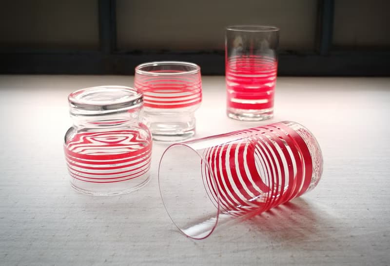 早期印花水杯-紅線圈 (餐具/舊貨/老物/幾何/圈圈/玻璃)