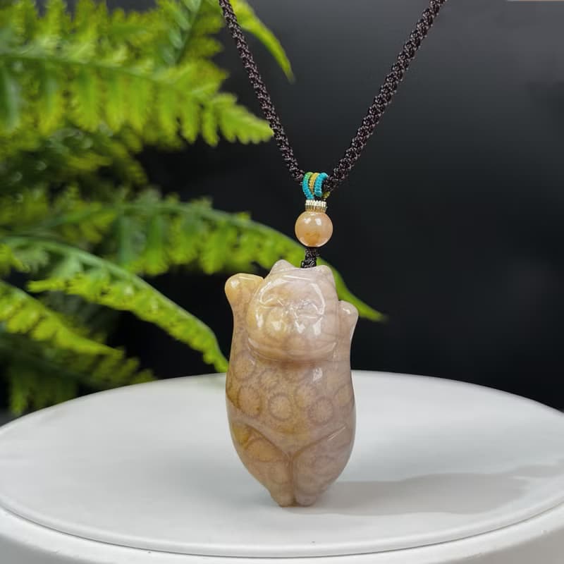 精品 天然珊瑚玉吊墜 冰潤玉化檸檬片 黃紫雙色 雕刻可愛胖橘貓