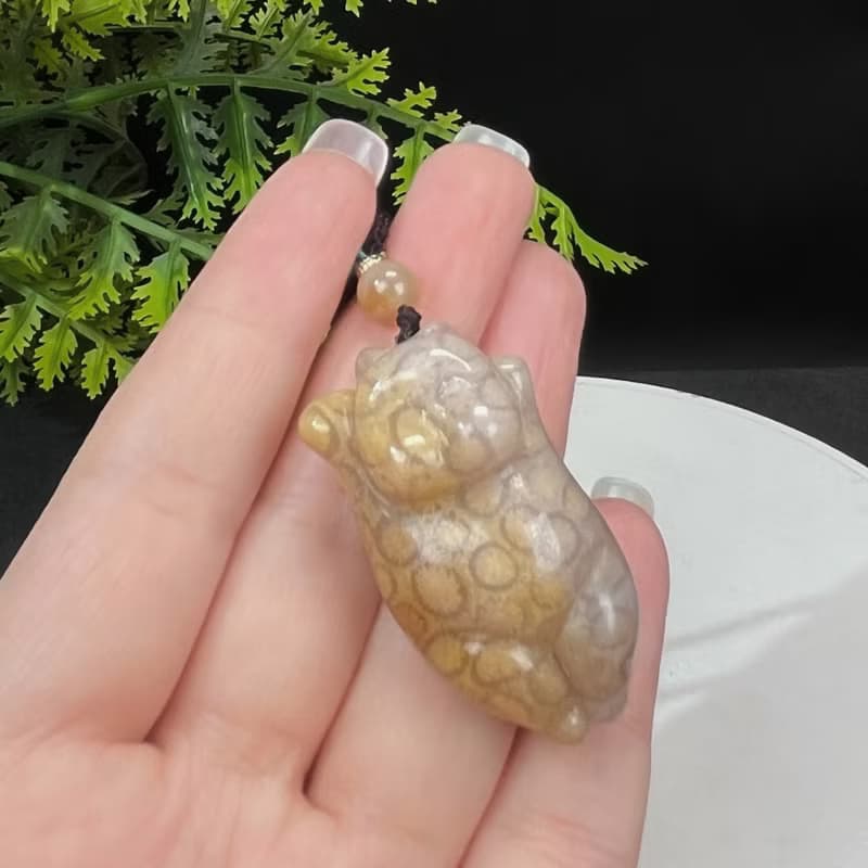 精品 天然珊瑚玉吊墜 冰潤玉化檸檬片 黃紫雙色 雕刻可愛胖橘貓