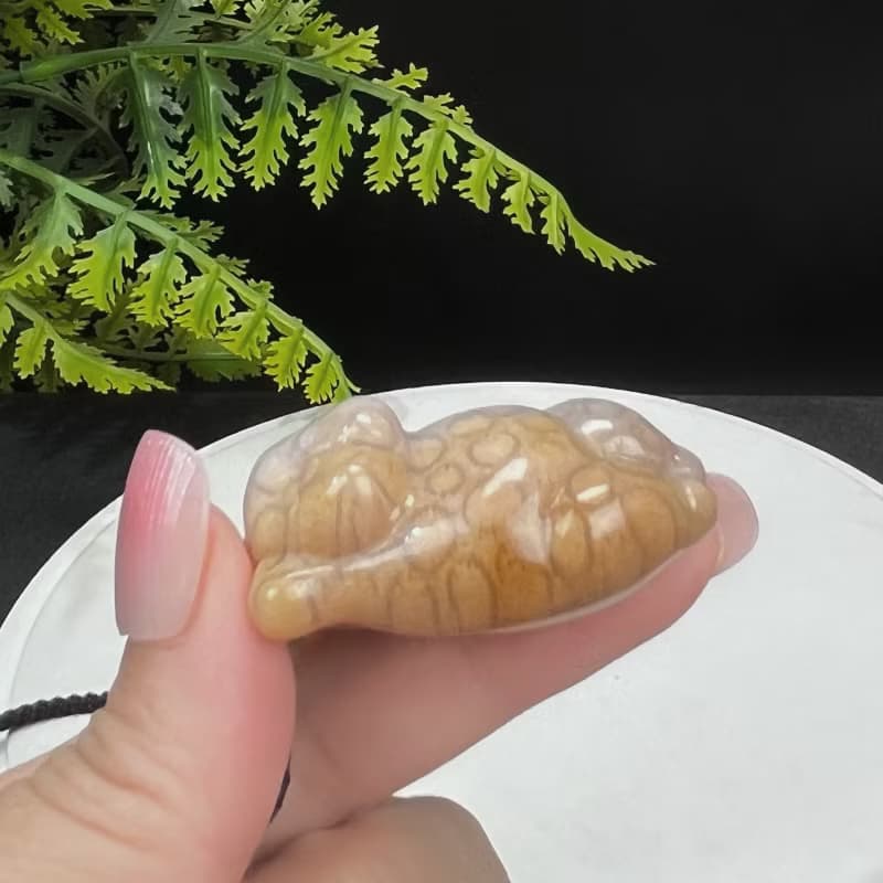 精品 天然珊瑚玉吊墜 冰潤玉化檸檬片 黃紫雙色 雕刻可愛胖橘貓
