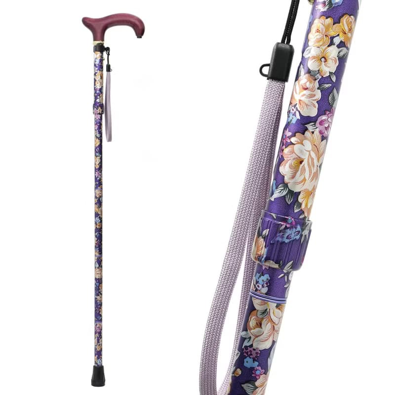 アルミ5段折り花柄・紫　-5つ折りタイプ 折りたたみ式アルミステッキ-