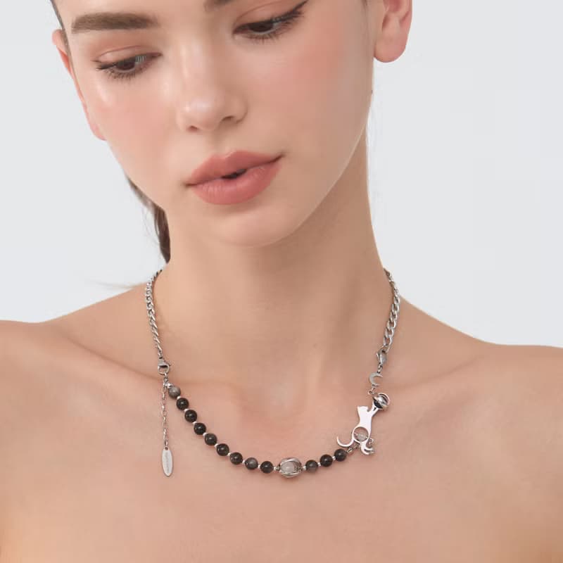 LunaWhisker 貓咪玩球喵銀曜石項鍊手鍊兩用款