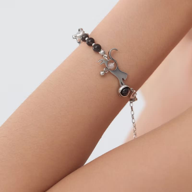 LunaWhisker 貓咪玩球喵銀曜石項鍊手鍊兩用款