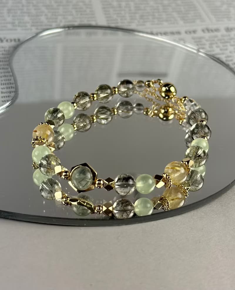 綠髮晶 葡萄石 鈦晶 天然水晶手鏈/事業運 招財