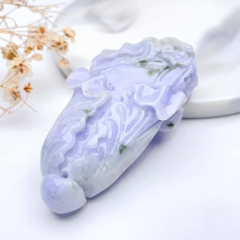 紫羅蘭飄綠花巧雕白菜項鍊 | 天然緬甸玉A貨翡翠 | 送禮